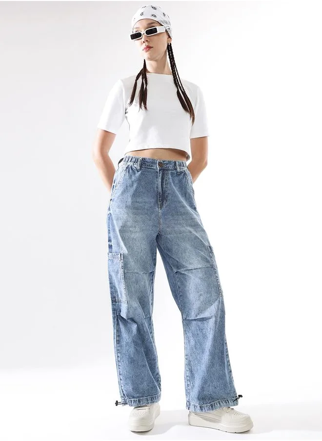 Hubberholme Women Baggy Fit Parachute Cargo High-Rise Light Fade Jeans
