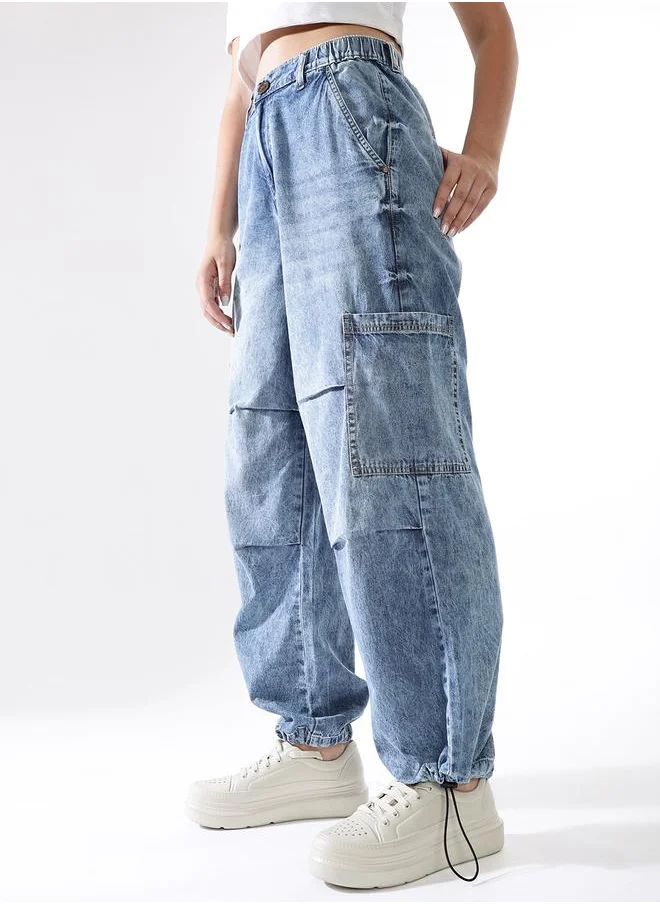 Hubberholme Women Baggy Fit Parachute Cargo High-Rise Light Fade Jeans