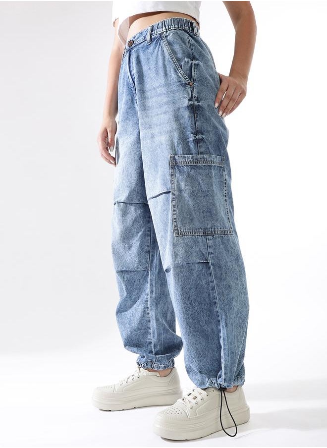 Hubberholme Women Baggy Fit Parachute Cargo High-Rise Light Fade Jeans  - Image 2