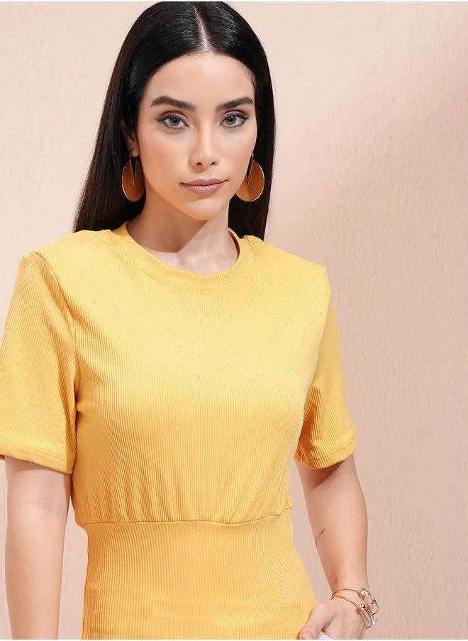 طوكيو توكيز Ribbed Round Neck Fitted Waist Top by Styli