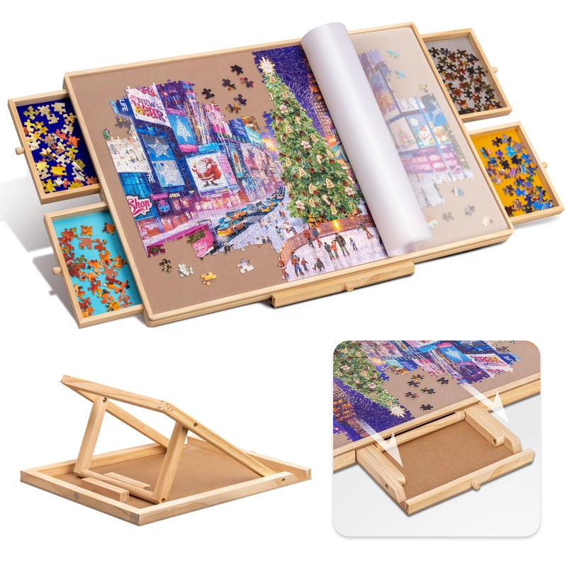 Tektalk Jigsaw Puzzle Table with Integrated Adjustable Stand/Bracket and Removable Cover, 3-Tilting-Angle Wooden Plateau Portable Puzzle Board with 4 Sorting Drawers, for Up to 1000 Pieces - Image 1