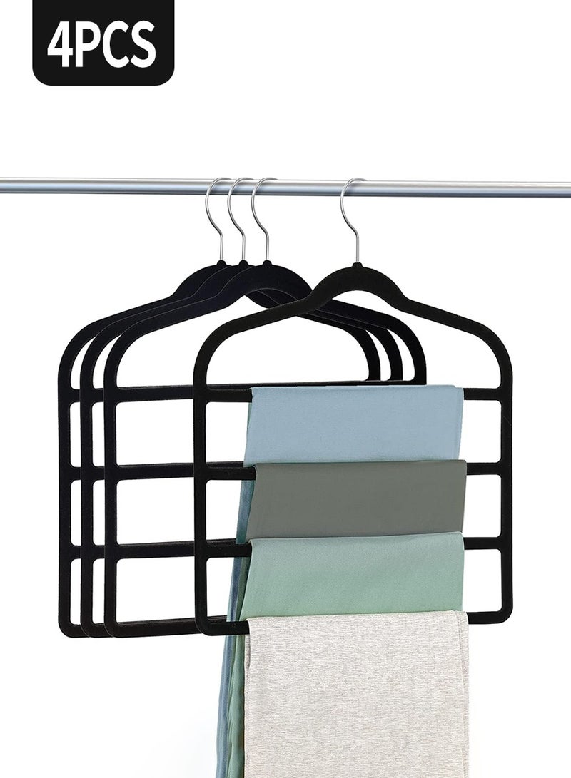 BEIRUI 4pcs Velvet Pant Hangers Space Saving Non Slip Velvet Hangers, 4Pack Black Velvet Hangers Multi Layer - Image 1