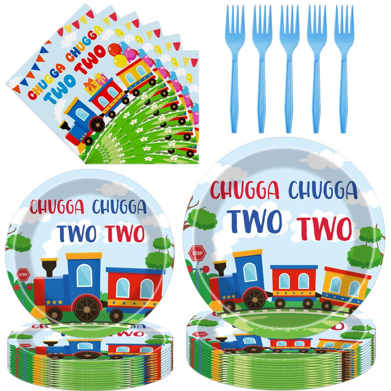 Hokinaa Chugga Chugga Two Two Tableware - 96 Pcs Train Themed 2nd Birthday Decorations  Railroad Transportation Disposable Paper Plate Napkin Fork  2 Years Old Party Supplies for Boy  Serves 24 Guests - Image 1
