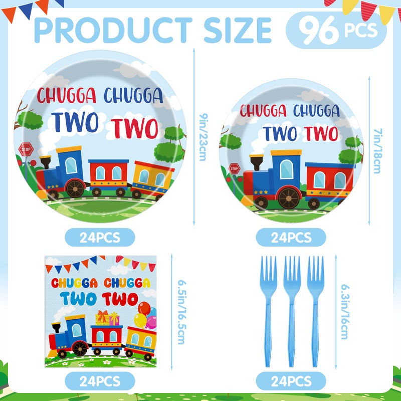 Hokinaa Chugga Chugga Two Two Tableware - 96 Pcs Train Themed 2nd Birthday Decorations  Railroad Transportation Disposable Paper Plate Napkin Fork  2 Years Old Party Supplies for Boy  Serves 24 Guests - Image 3