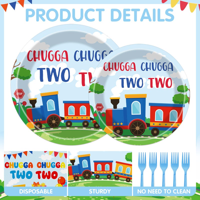 Hokinaa Chugga Chugga Two Two Tableware - 96 Pcs Train Themed 2nd Birthday Decorations  Railroad Transportation Disposable Paper Plate Napkin Fork  2 Years Old Party Supplies for Boy  Serves 24 Guests - Image 4