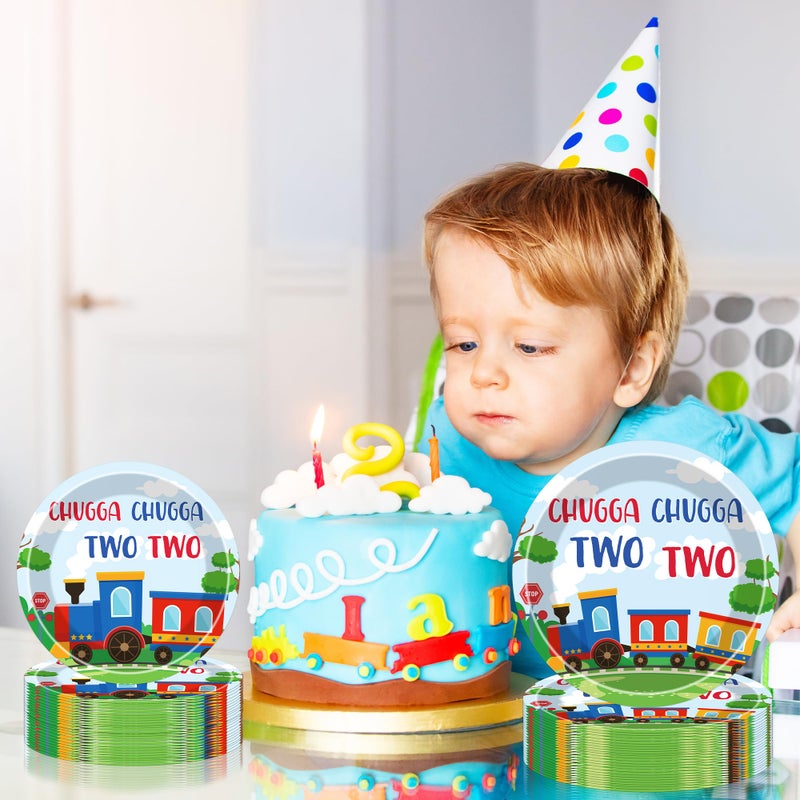 Hokinaa Chugga Chugga Two Two Tableware - 96 Pcs Train Themed 2nd Birthday Decorations  Railroad Transportation Disposable Paper Plate Napkin Fork  2 Years Old Party Supplies for Boy  Serves 24 Guests - Image 5