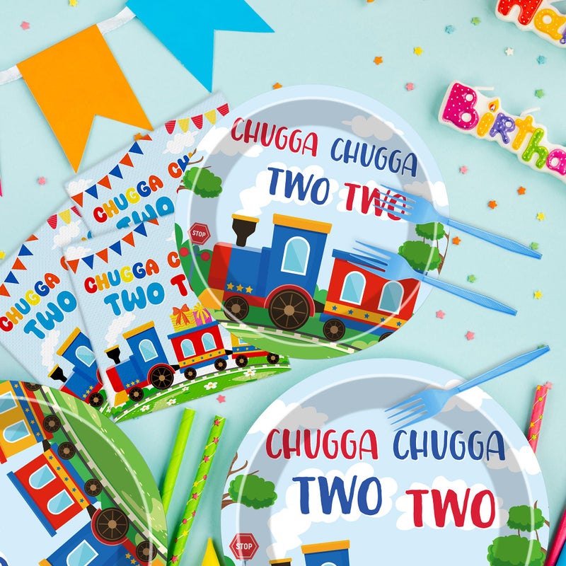 Hokinaa Chugga Chugga Two Two Tableware - 96 Pcs Train Themed 2nd Birthday Decorations  Railroad Transportation Disposable Paper Plate Napkin Fork  2 Years Old Party Supplies for Boy  Serves 24 Guests - Image 2