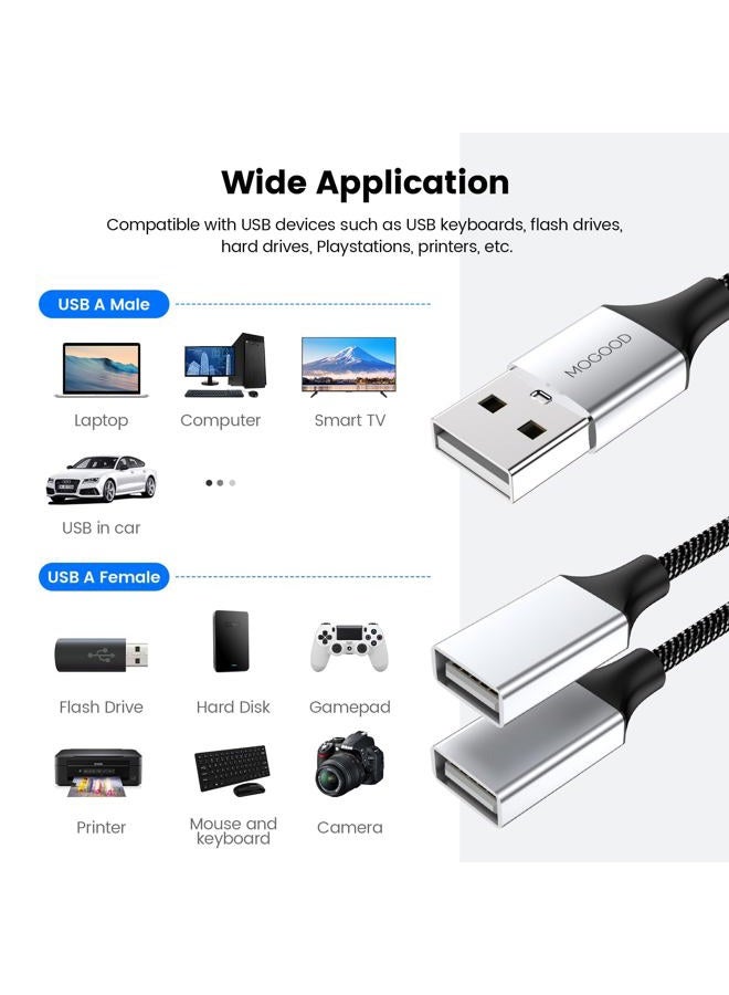 MOGOOD كابل تمديد USB، USB A ذكر إلى 2 أنثى كابل تمديد متين، كابل تقسيم USB مضفر من النايلون لنقل البيانات بسرعة متوافق مع الطابعة، لوحة المفاتيح USB، محرك فلاش، القرص الصلب، بلاي ستيشن - Image 4