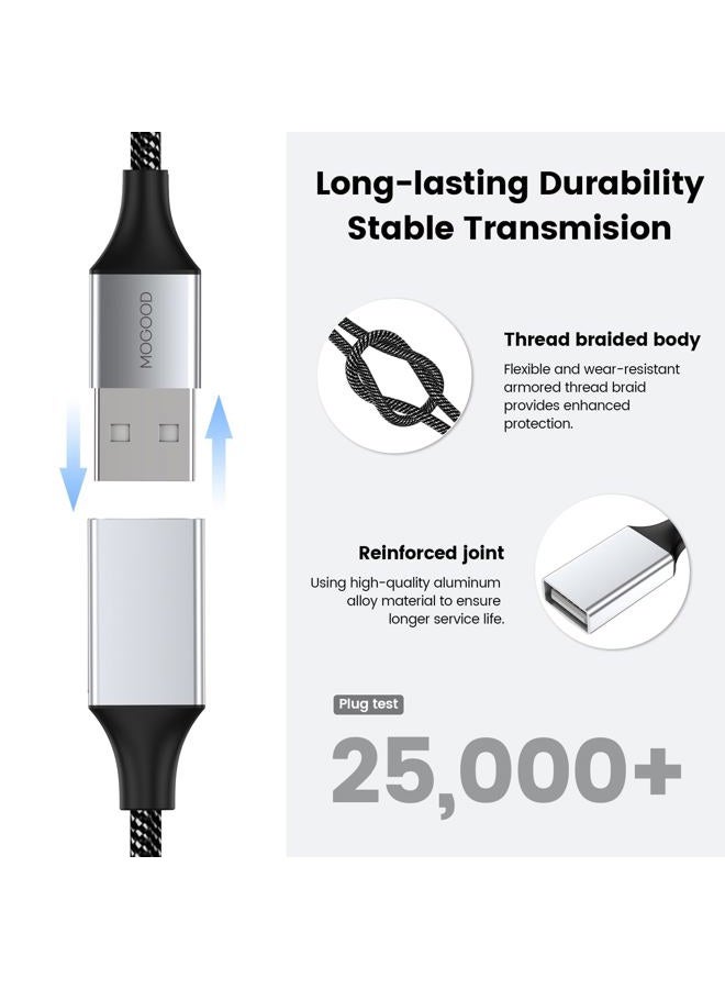 MOGOOD كابل تمديد USB، USB A ذكر إلى 2 أنثى كابل تمديد متين، كابل تقسيم USB مضفر من النايلون لنقل البيانات بسرعة متوافق مع الطابعة، لوحة المفاتيح USB، محرك فلاش، القرص الصلب، بلاي ستيشن - Image 5