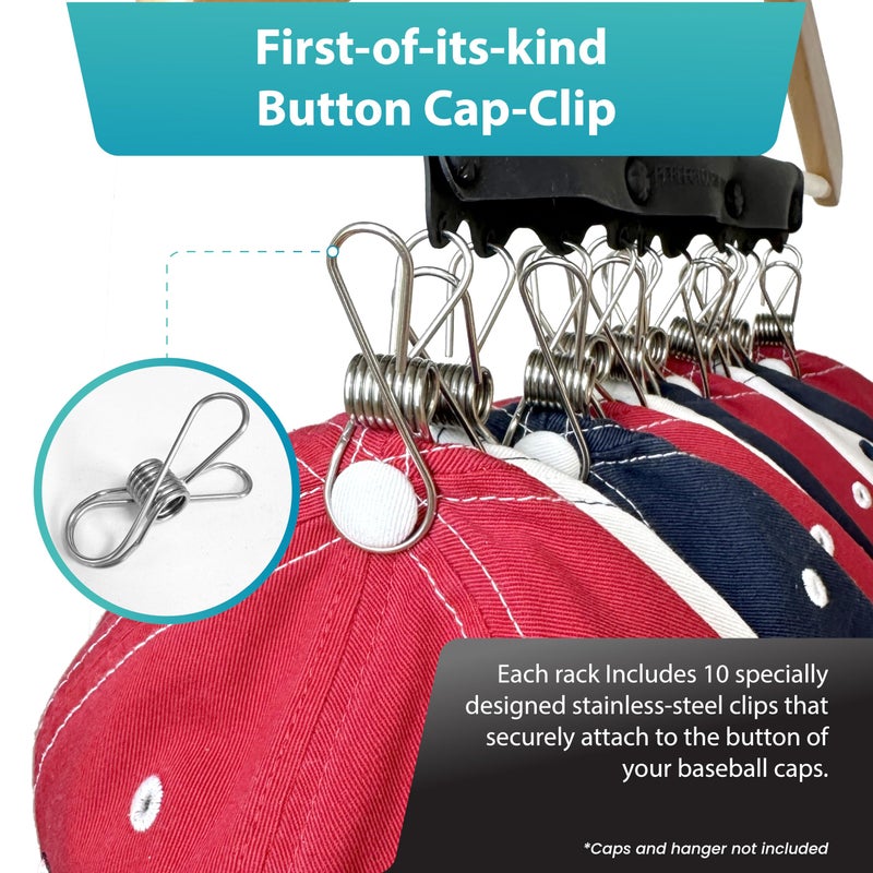 Perfect Curve Baseball Cap Hanger - Store 20 Caps with Button Clip Design, Silicone & Metal, Black, 2-Pack - Image 2
