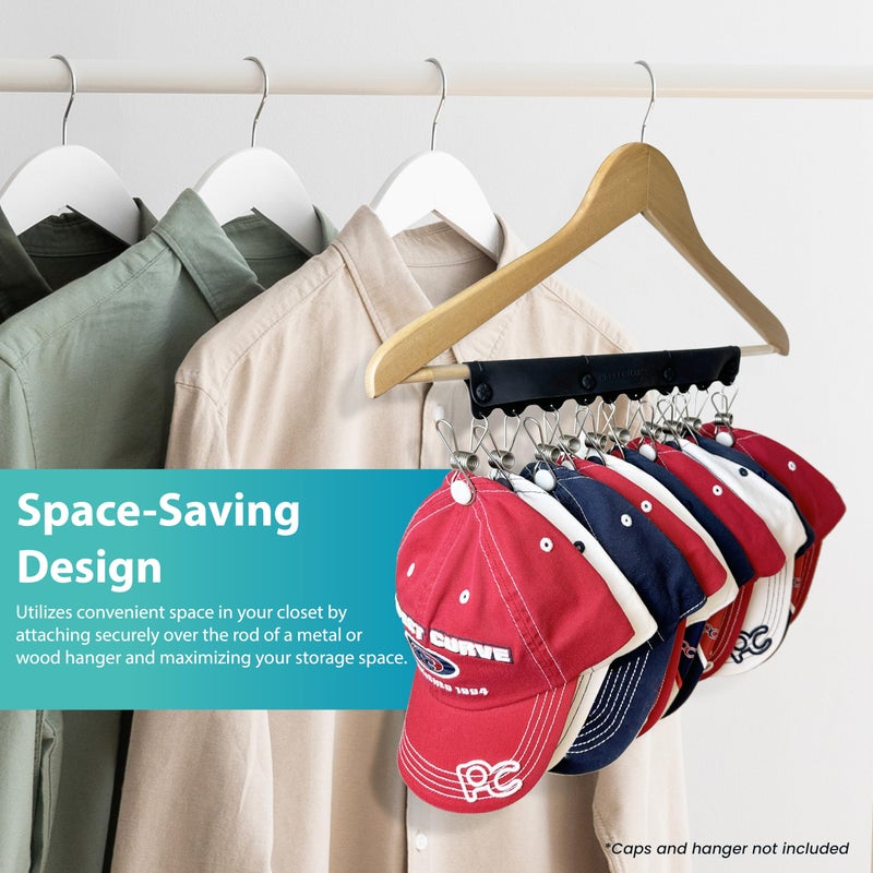 Perfect Curve Baseball Cap Hanger - Store 20 Caps with Button Clip Design, Silicone & Metal, Black, 2-Pack - Image 4