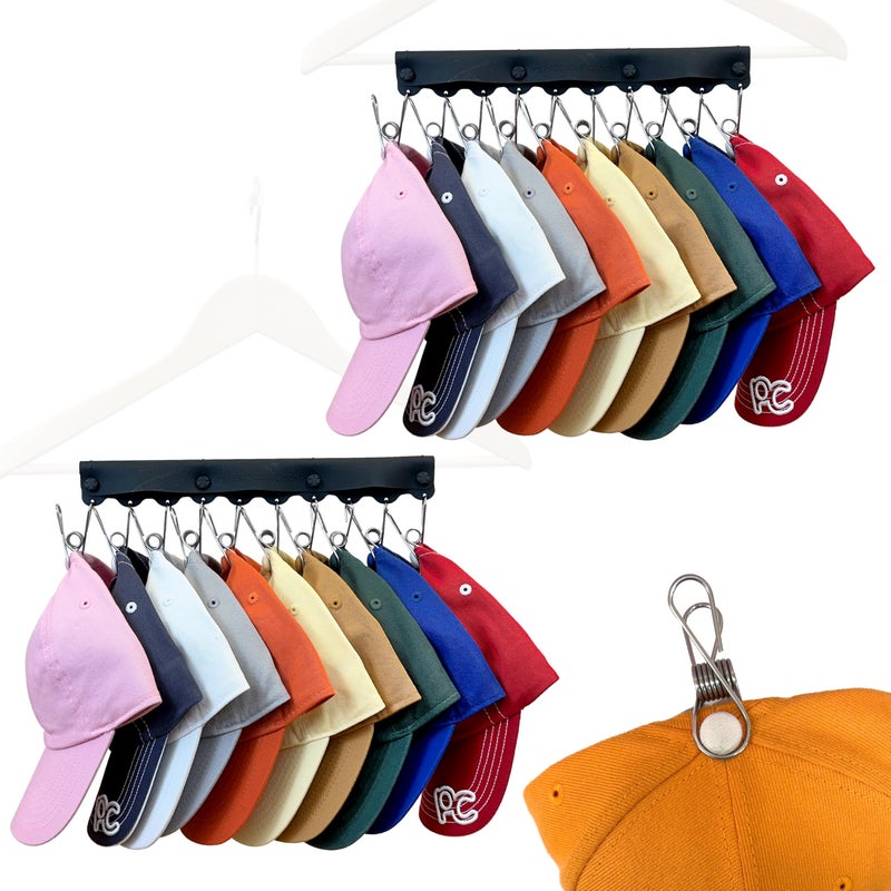 Perfect Curve Baseball Cap Hanger - Store 20 Caps with Button Clip Design, Silicone & Metal, Black, 2-Pack - Image 1