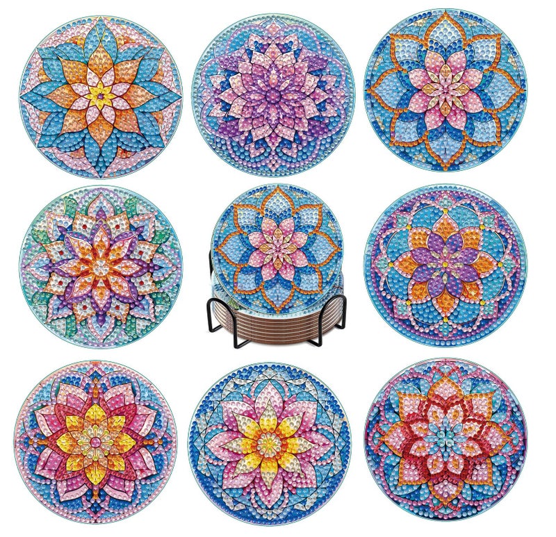 Yanfairy 8 PCS Lotus Diamond Art Coasters Kits Diamond Painting Coasters with Holder Set of 8 DIY Drink Coasters Art Crafts Supplies for Adults Cup Mat for Home Decor House Warming Gifts NonSlip 39inch - Image 2