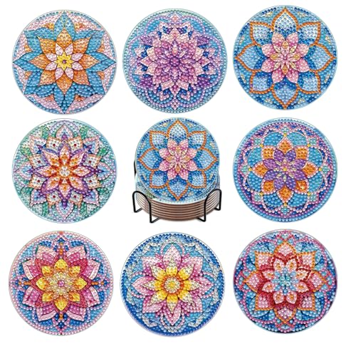 Yanfairy 8 PCS Lotus Diamond Art Coasters Kits Diamond Painting Coasters with Holder Set of 8 DIY Drink Coasters Art Crafts Supplies for Adults Cup Mat for Home Decor House Warming Gifts NonSlip 39inch - Image 1