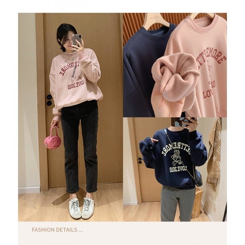 Autumn and Winter New Letter Round Neck Korean Style Niche Casual Couples Sweatshirt Womens Ins Lazy Style Design Sense Coat Trendy Pink Shrimp - Image 2