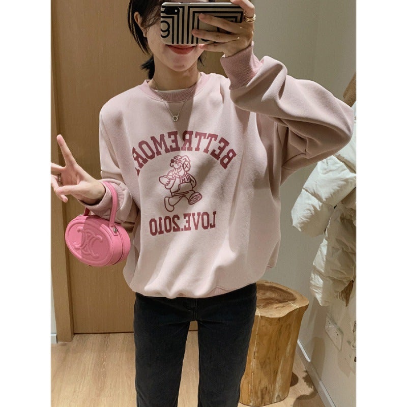 Autumn and Winter New Letter Round Neck Korean Style Niche Casual Couples Sweatshirt Womens Ins Lazy Style Design Sense Coat Trendy Pink Shrimp - Image 1