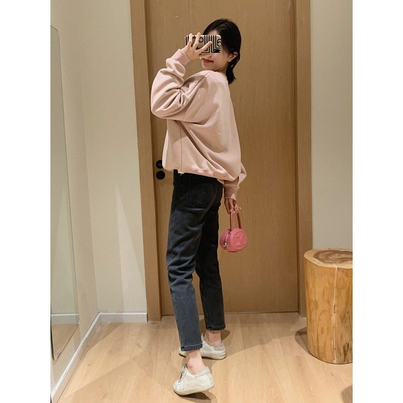 Autumn and Winter New Letter Round Neck Korean Style Niche Casual Couples Sweatshirt Womens Ins Lazy Style Design Sense Coat Trendy Pink Shrimp - Image 4
