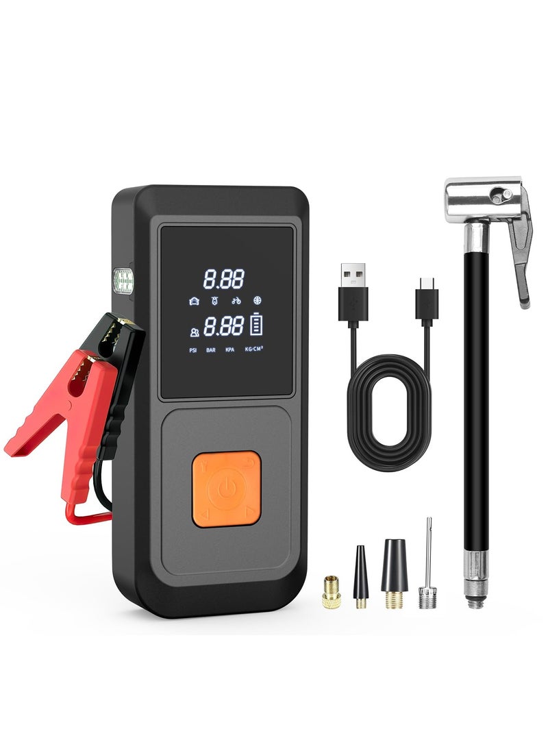 Portable Car Jump Starter,12V Cordless Rechargeable Emergency Battery Jump Starter,LED Light,8000mAh Digital Tire Air Compressor with Gauge Black