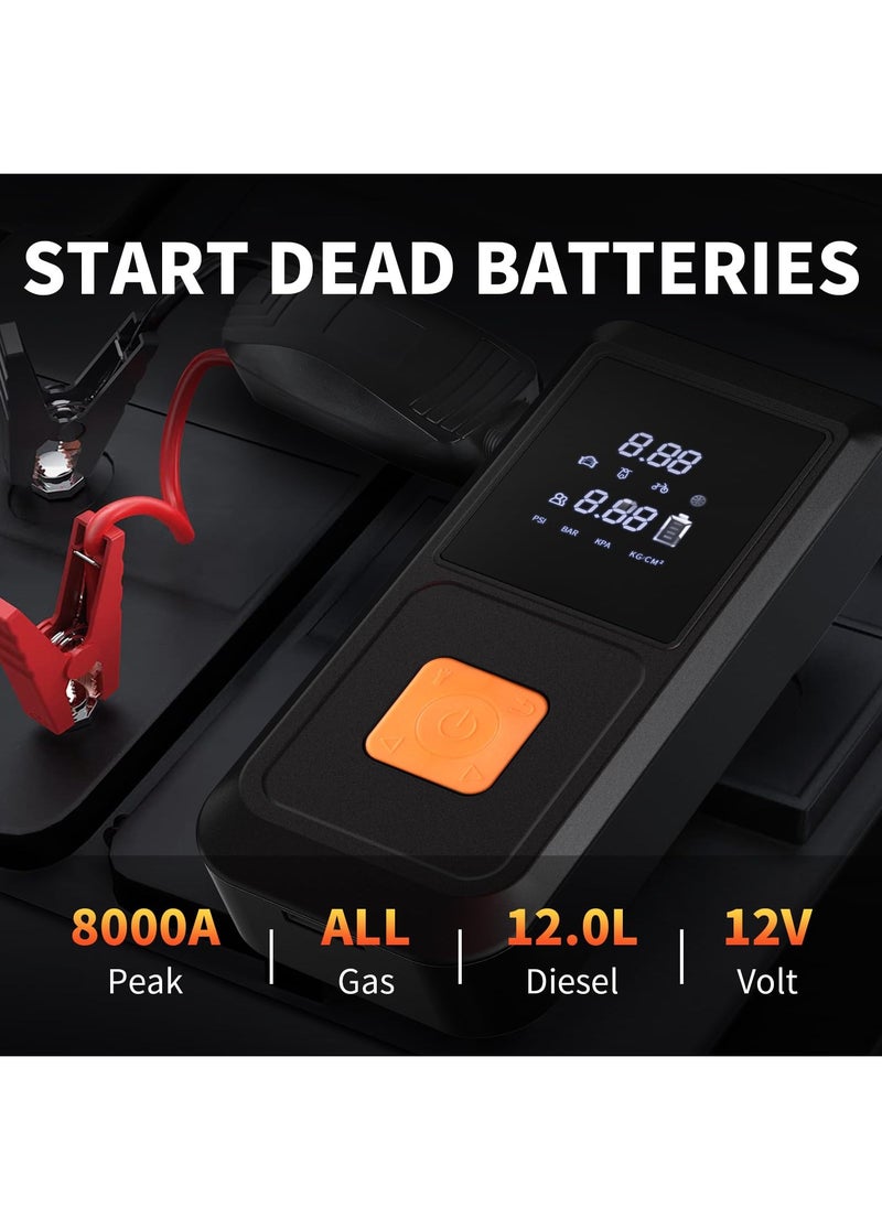 Portable Car Jump Starter,12V Cordless Rechargeable Emergency Battery Jump Starter,LED Light,8000mAh Digital Tire Air Compressor with Gauge Black