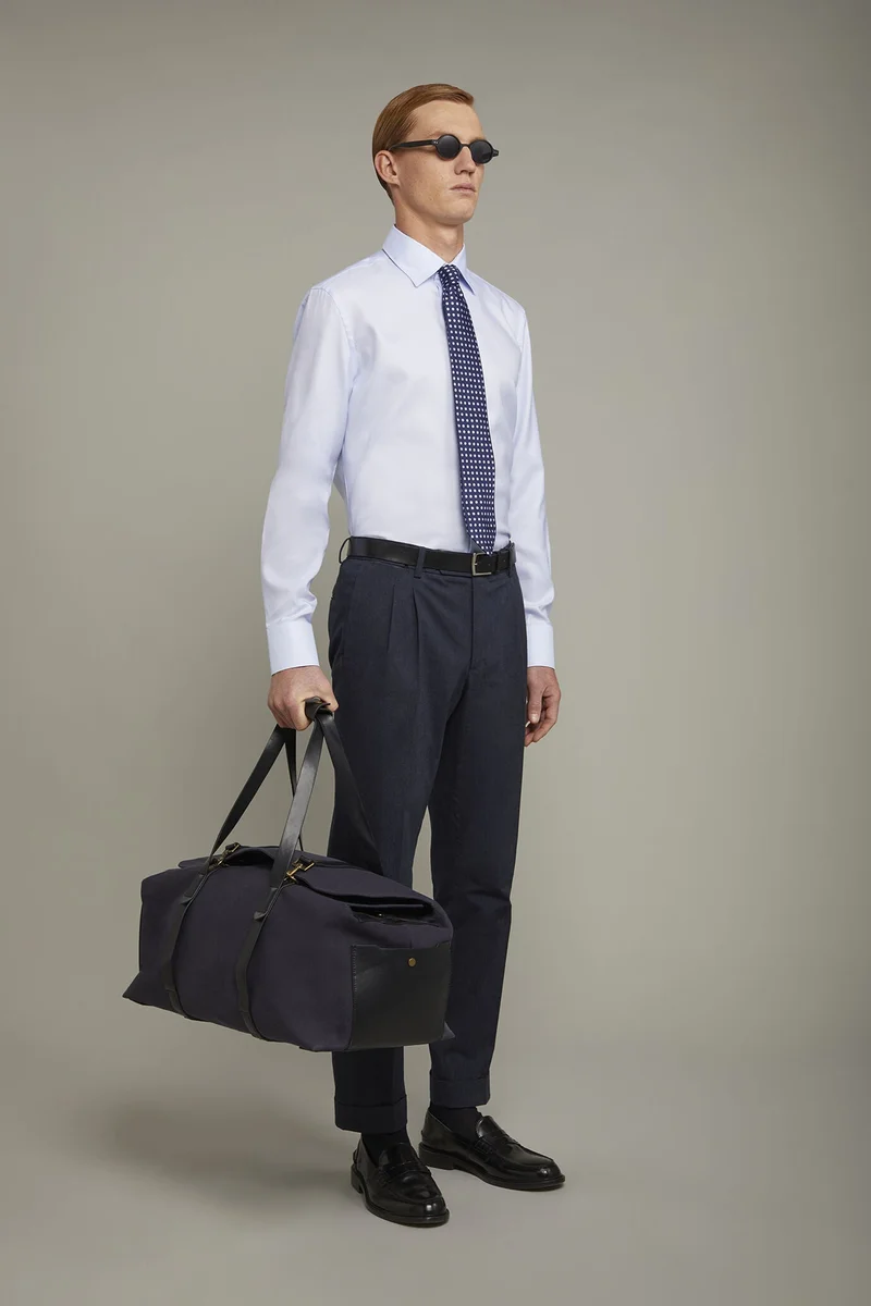 دوبل غانغر Men's shirt with classic collar 100% cotton plain fabric regular fit - White/Sky