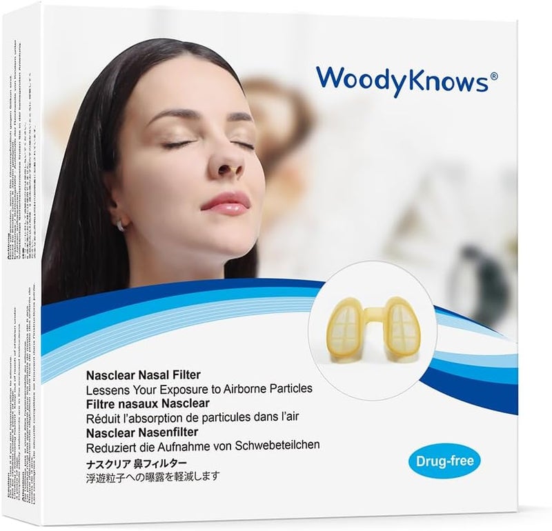 Woodyknows WoodyKnows 3 Nasclear Nasal Filters with 24 Pairs of Replacement Filters, Seasonal Allergies and Industrial Pollution aid, Public Transportation Protection (Large, 3 Filters+24 Replacements)