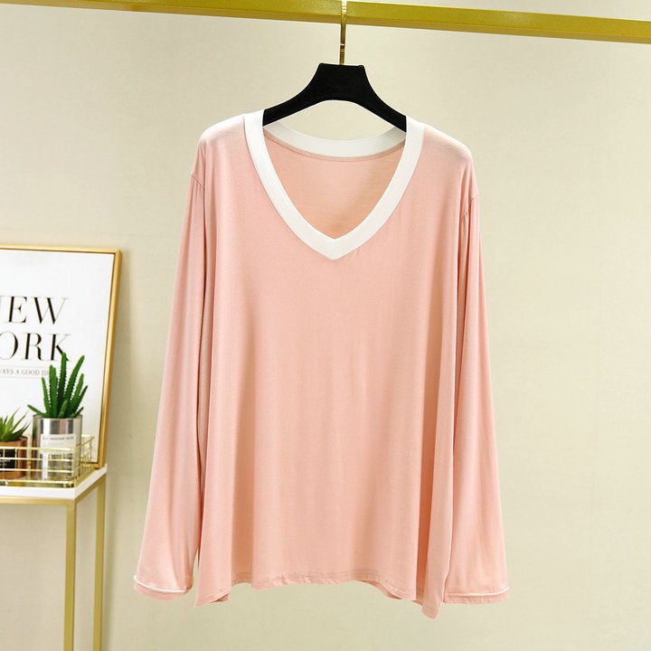 2023 Autumn Thin Modal Outer Wear Wholesale Long Sleeve Home Large Size Loose White Edge V Neck Long Sleeve T-Shirt Bottoming - Image 3