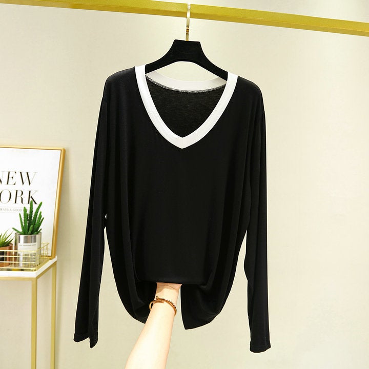 2023 Autumn Thin Modal Outer Wear Wholesale Long Sleeve Home Large Size Loose White Edge V Neck Long Sleeve T-Shirt Bottoming - Image 4