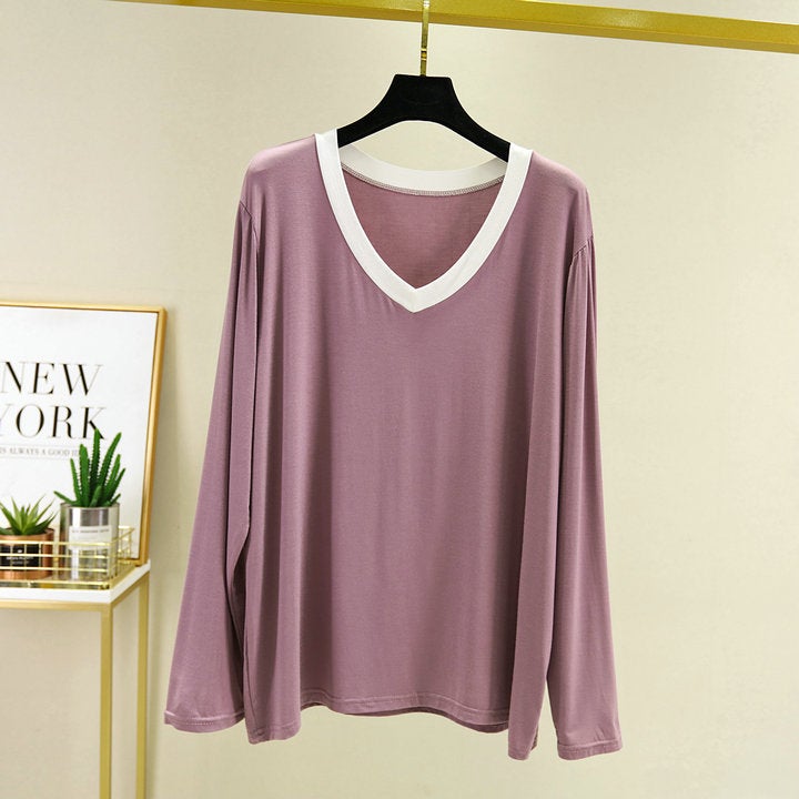 2023 Autumn Thin Modal Outer Wear Wholesale Long Sleeve Home Large Size Loose White Edge V Neck Long Sleeve T-Shirt Bottoming - Image 5