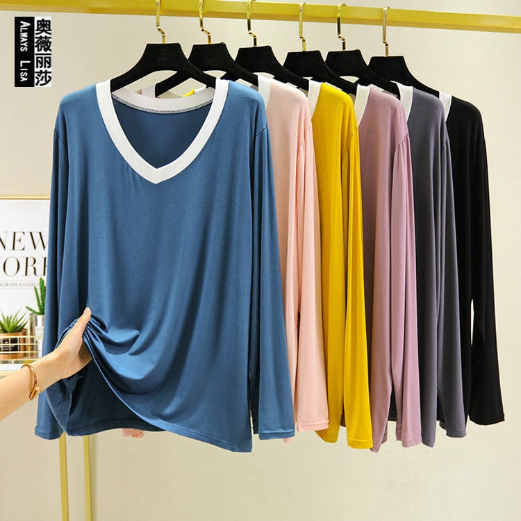 2023 Autumn Thin Modal Outer Wear Wholesale Long Sleeve Home Large Size Loose White Edge V Neck Long Sleeve T-Shirt Bottoming - Image 2