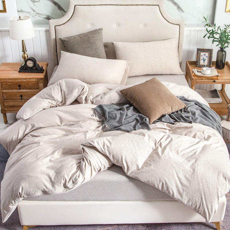 PURE ERA Jersey Knit Duvet Cover Set 100% T-Shirt Cotton Super Soft Comfy 3pc Bedding Set with Zipper Closure (Heather Beige, Queen) - Image 1