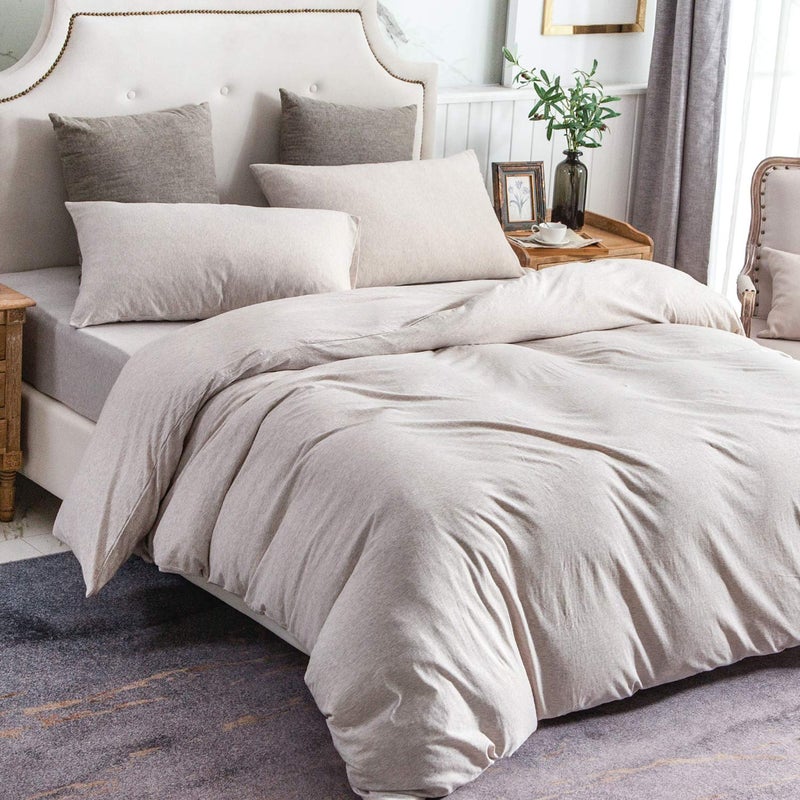 PURE ERA Jersey Knit Duvet Cover Set 100% T-Shirt Cotton Super Soft Comfy 3pc Bedding Set with Zipper Closure (Heather Beige, Queen) - Image 5