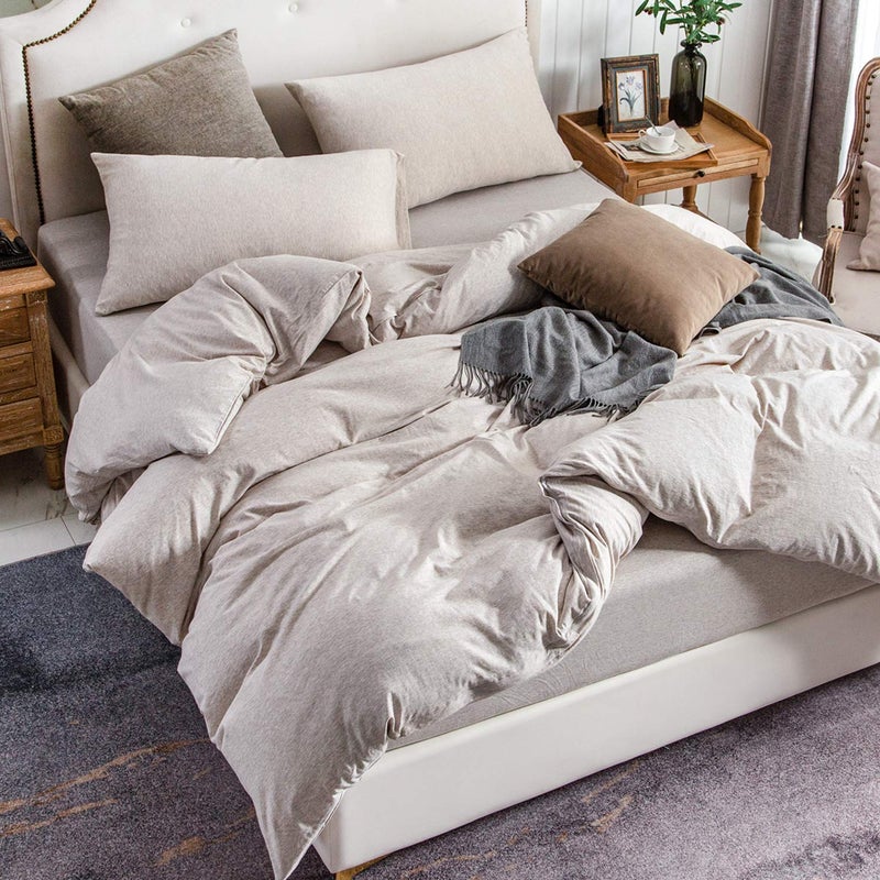 PURE ERA Jersey Knit Duvet Cover Set 100% T-Shirt Cotton Super Soft Comfy 3pc Bedding Set with Zipper Closure (Heather Beige, Queen) - Image 3
