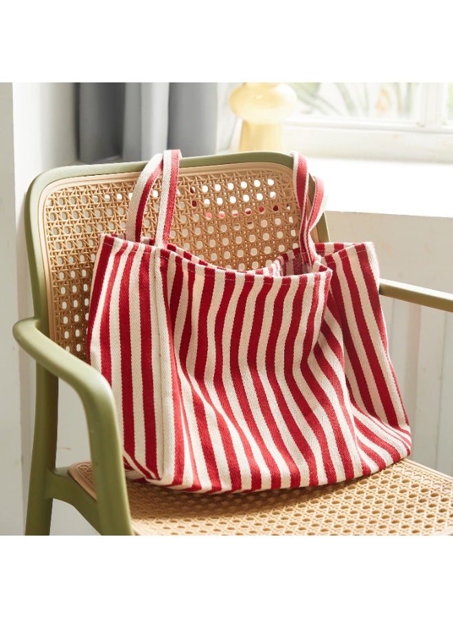 Large Striped Canvas Tote Bag for Women – Herringbone Woven Fabric Shoulder Bag Available in 4 Bold Colours (Red, Yellow, Blue and Black) | Reusable, Durable & Stylish Everyday Carry Bag for Shopping, Beach, Travel, School & Office Use | Eco-Friendly Cotton Blend Tote with Matching Stripe Handles - Image 1