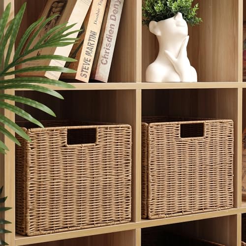 DINGTAI 12X12X10in Plastic Wicker Storage Basket, Collapsible Wicker Cube Storage for Shelves, Woven Plastic Storage Basket for Pantry, Bedroom, Living Room, Bathroom, Shelves-3 Pack - Image 3