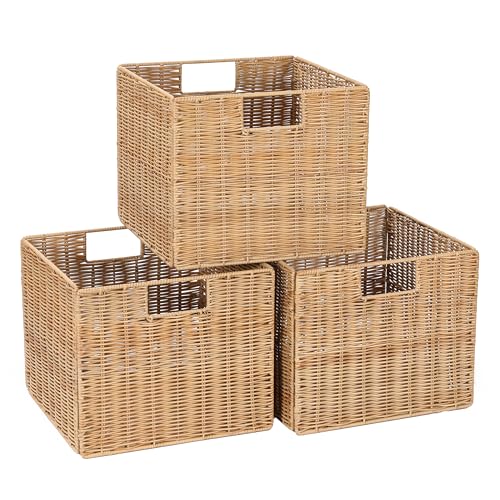 DINGTAI 12X12X10in Plastic Wicker Storage Basket, Collapsible Wicker Cube Storage for Shelves, Woven Plastic Storage Basket for Pantry, Bedroom, Living Room, Bathroom, Shelves-3 Pack - Image 1