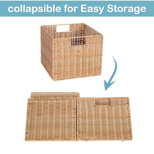DINGTAI 12X12X10in Plastic Wicker Storage Basket, Collapsible Wicker Cube Storage for Shelves, Woven Plastic Storage Basket for Pantry, Bedroom, Living Room, Bathroom, Shelves-3 Pack - Image 5
