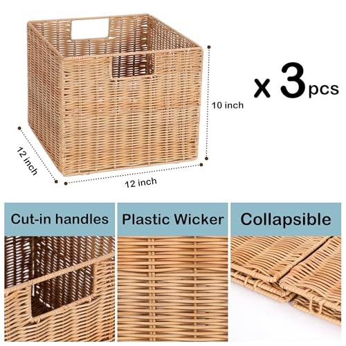 DINGTAI 12X12X10in Plastic Wicker Storage Basket, Collapsible Wicker Cube Storage for Shelves, Woven Plastic Storage Basket for Pantry, Bedroom, Living Room, Bathroom, Shelves-3 Pack - Image 4