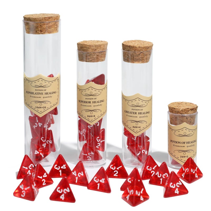 FIGURESLAB 24Pce Red Polyhedral D4 Dice Set Roleplaying Healing Potion Bottles with Cork Lids for RPG Board Table Gaming Compatible with Dungeons and Dragons DD MTG Accessories - Image 3