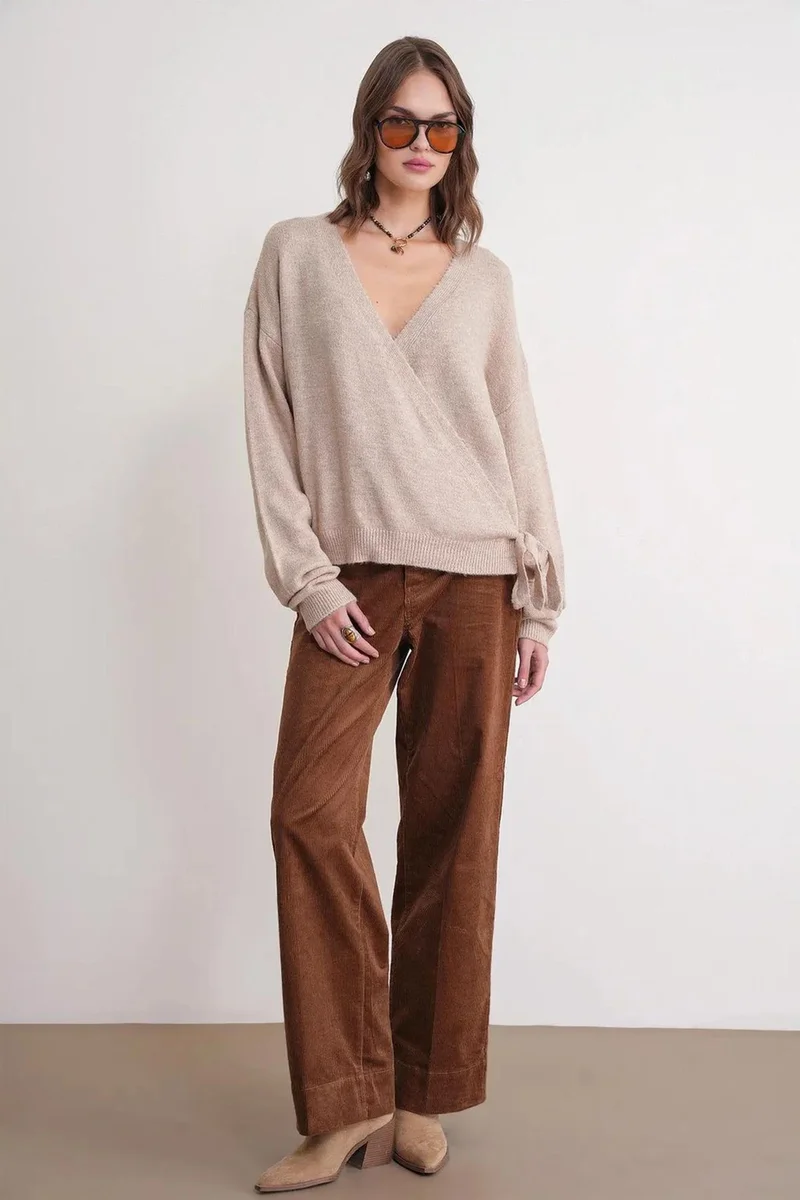 Mixray Mixray Ribbed V-Neck Tie-Front Cardigan