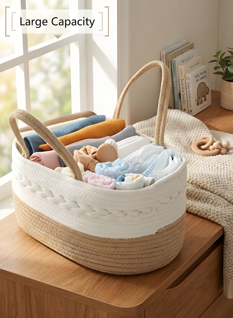 بيوينتي منظم حفاضات الطفل، سلة تخزين من الحبل القطني مع قسيمة قابلة للتعديل، منظم حفاضات محمول للسيارة للأطفال الرضع، سلال كبيرة السعة لتخزين الأطفال - Image 3