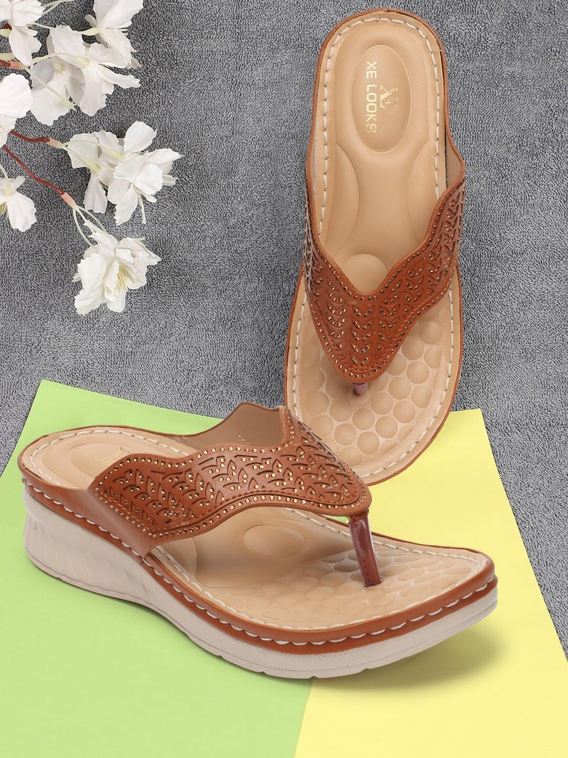 XE Looks Women's Tan Doctor Slippers | Elegant Perforated Design with Cushioned Wedge Sole | Superior Comfortable and Durable Doctor Slipper For Girls & Women - Image 2