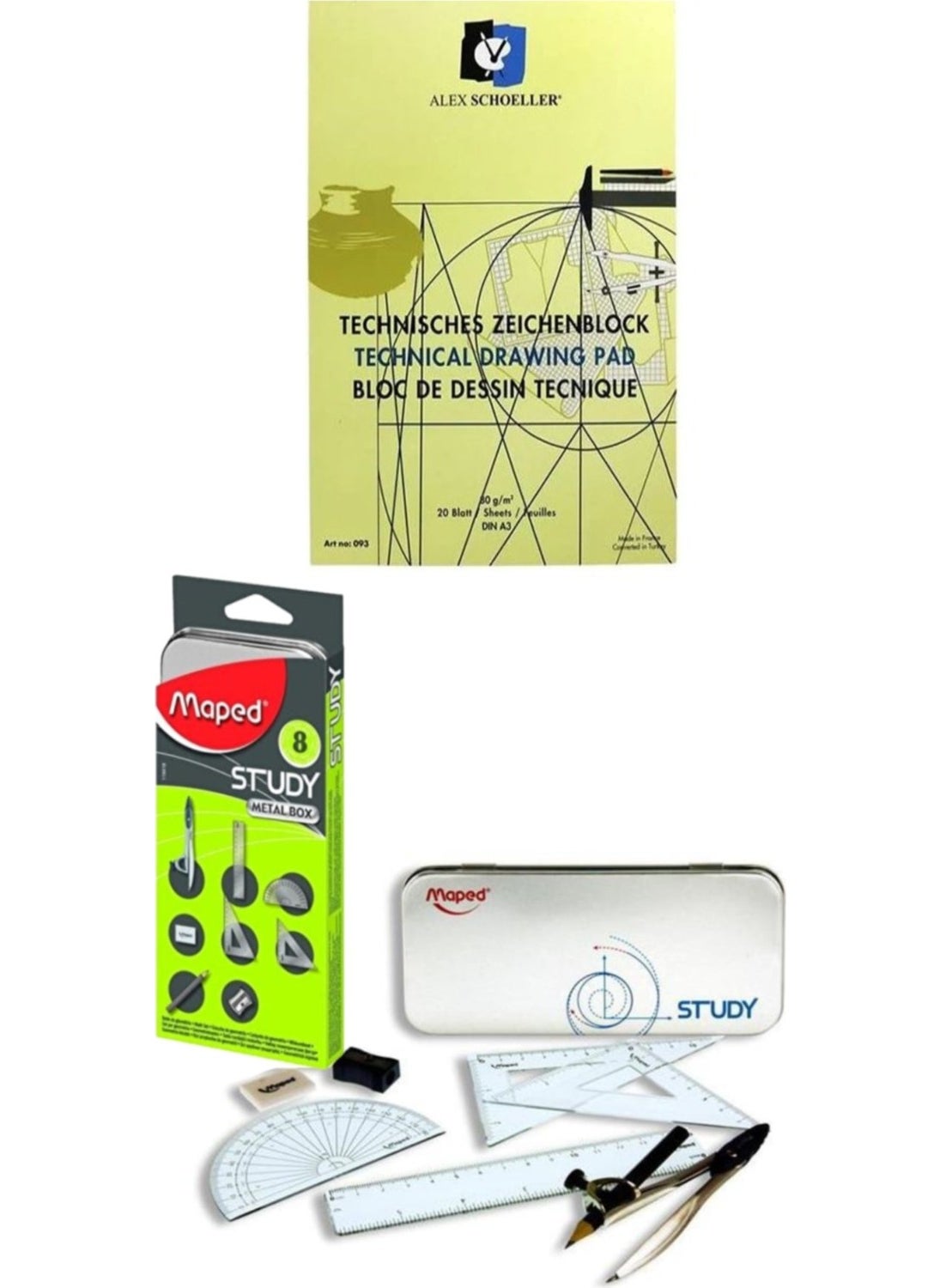 Alex Schoeller A3 80 gr 20 Sheets Vertical Technical Drawing Notebook Maped Compass Nickel Compass Tool Set