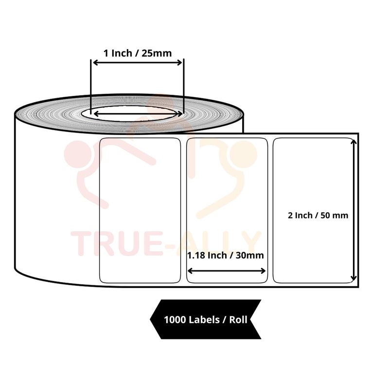 True-Ally 50x30 Direct Thermal Barcode Label Sticker - 2 x 1.18 inches - 50mm x 30mm - 1000 Labels Per Roll - White Self Adhesive Sticker for Printing Barcoding (5 Roll per Pack (5000 Labels)) - Image 2