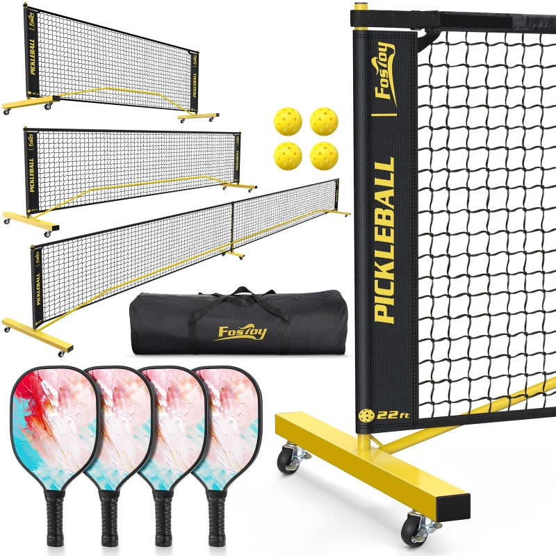 Fostoy Pickleball Set Net with 4 Paddles, 6FT/11FT/22FT Portable 3-in-1 Pickle Ball Net with Carry Bag, Pickleballs, Designed for All Weather Conditions (3-in-1 Pickleball net with Rackets) - Image 1