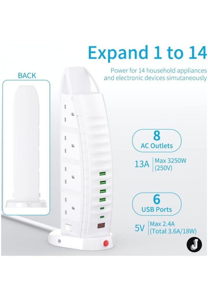 JAJEEK "NEW Tower Extension Lead with USB – 8 Outlets & 6 USB Ports (2 Type-C, 4 USB) – 3.6A Vertical Power Strip with 2M Cable"  - Image 2