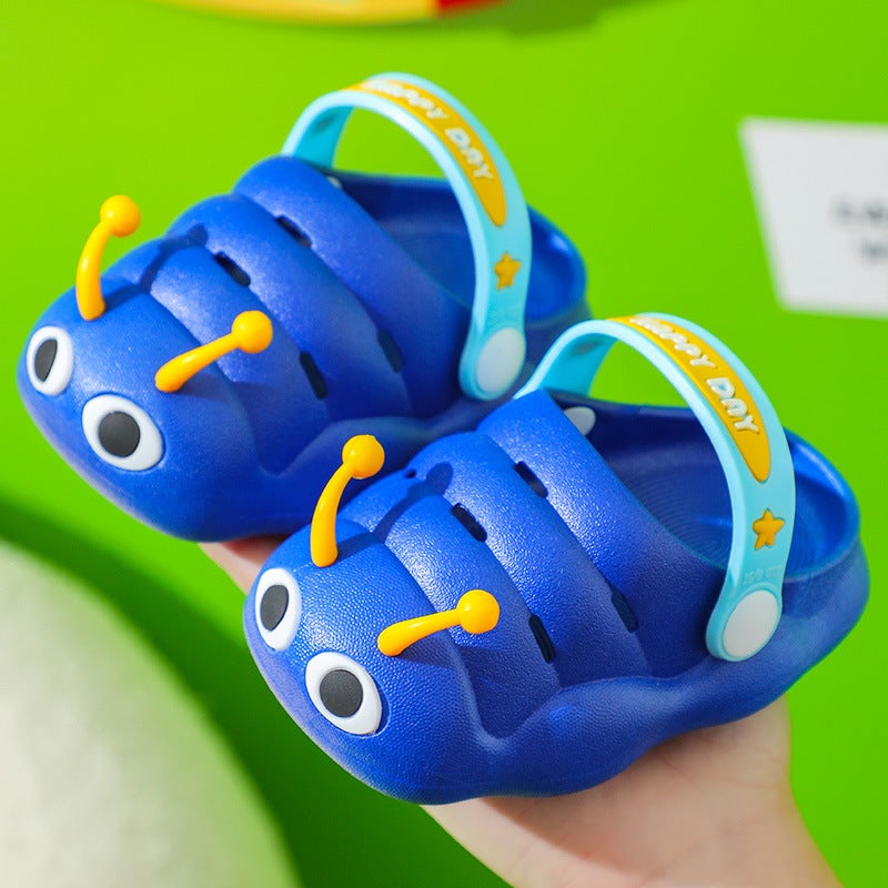 Baby sandals and slippers summer caterpillar childrens hole shoes for boys and girls infants and young children non-slip soft bottom indoor anti-collision Blue 