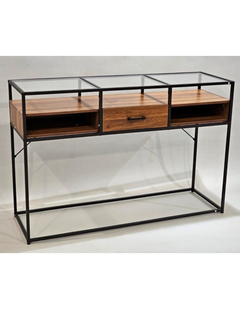 Living Console Table, Tempered Glass Table with Drawers and Rustic Shelf 130*40*85 CM - Image 1