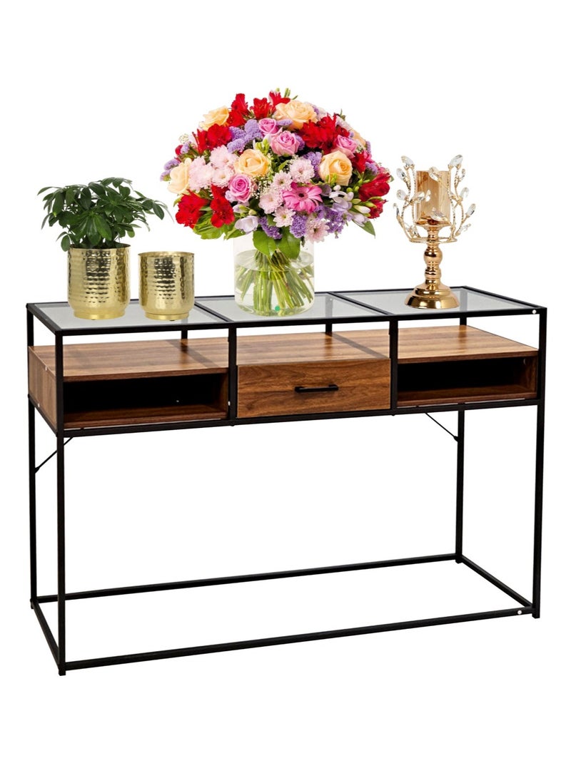 Living Console Table, Tempered Glass Table with Drawers and Rustic Shelf 130*40*85 CM - Image 2