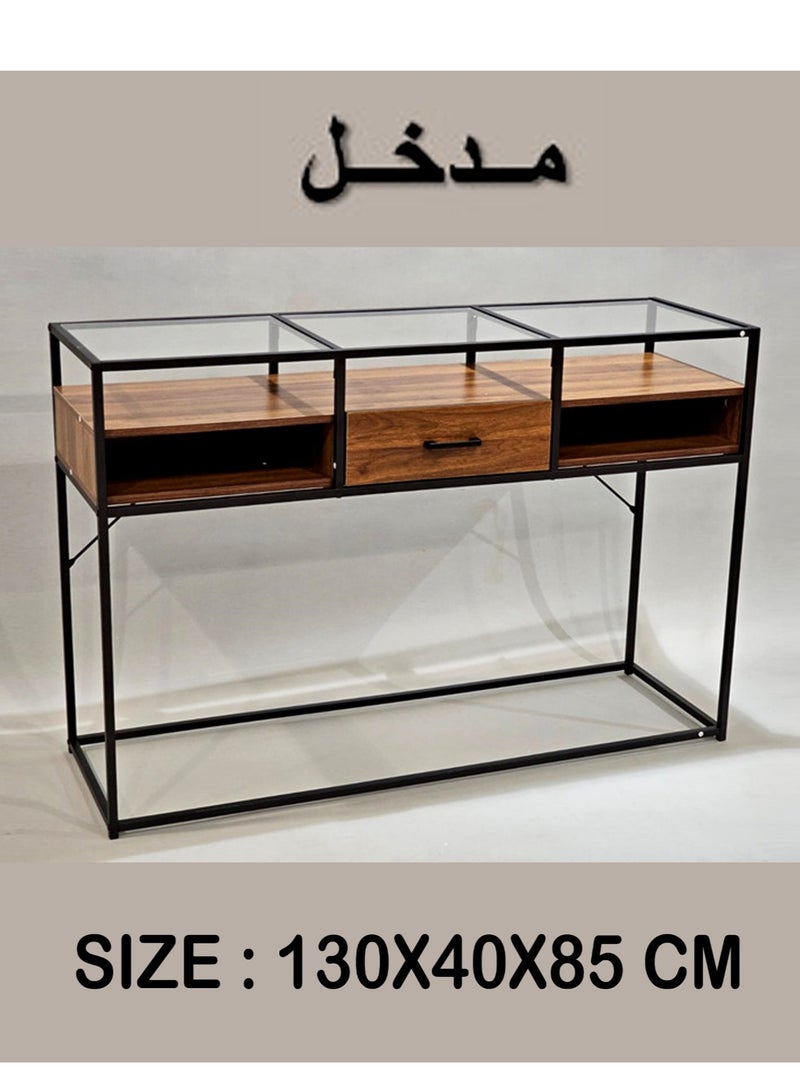 Living Console Table, Tempered Glass Table with Drawers and Rustic Shelf 130*40*85 CM - Image 4