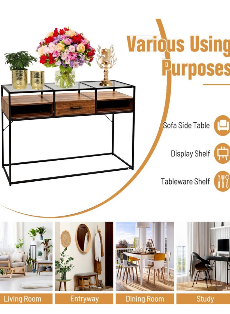 Living Console Table, Tempered Glass Table with Drawers and Rustic Shelf 130*40*85 CM - Image 5